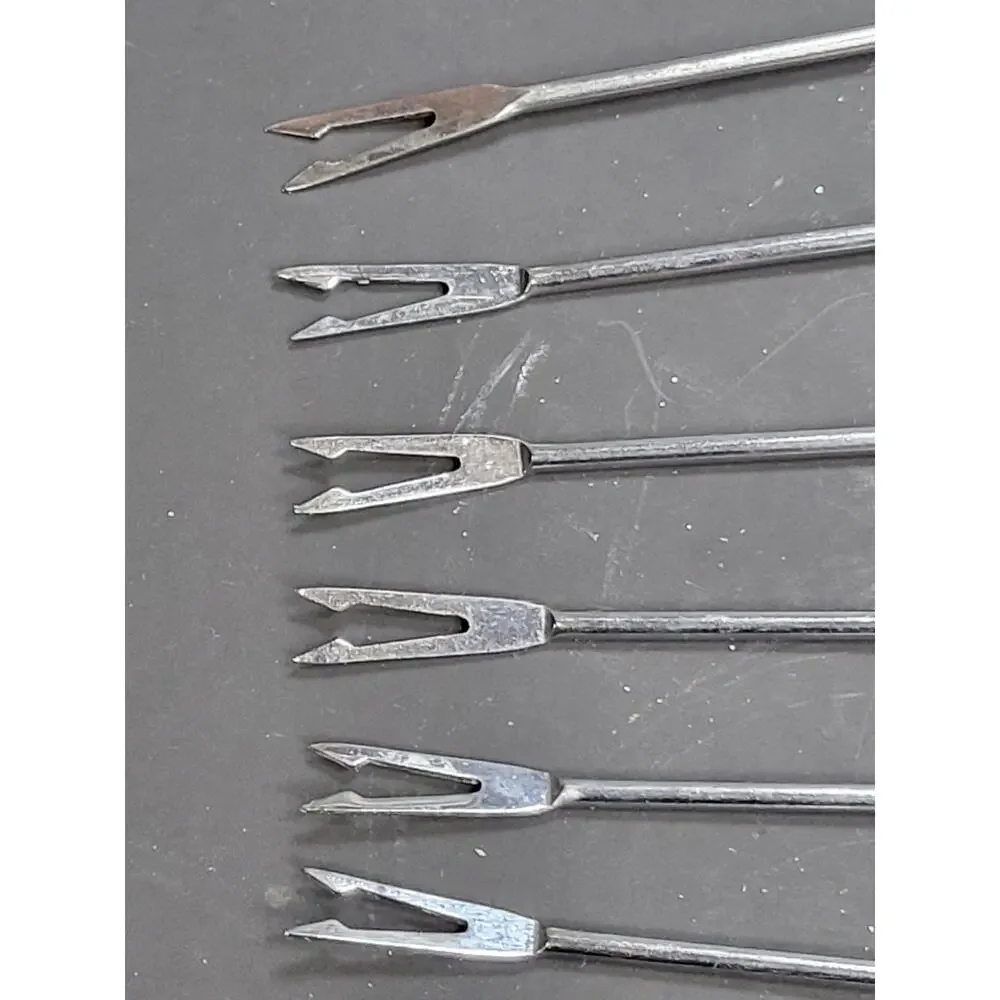 6 Vintage Mid Century Stainless Steel Fondue Forks Wood Handle Color Coded